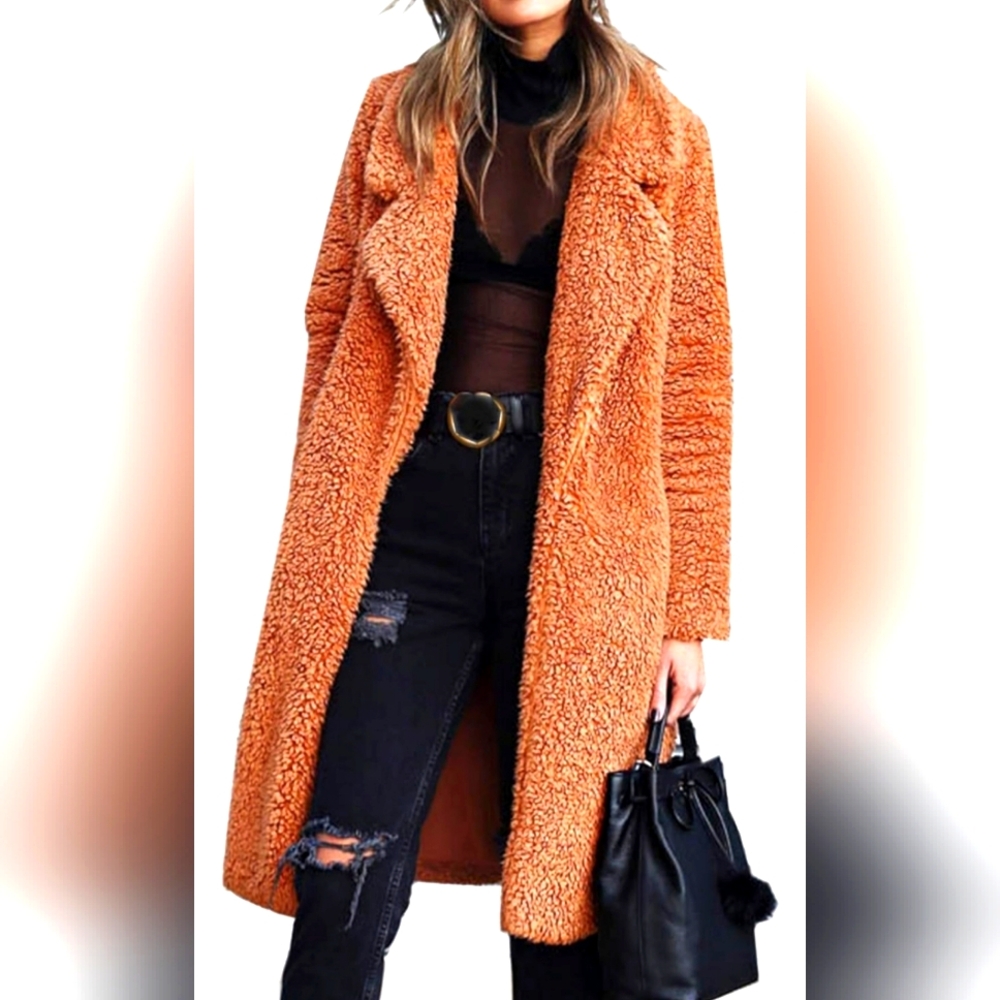 Women's Fuzzy Fleece Lapel Open Front Long Cardigan Coat Faux Fur